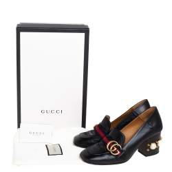 مملوكة مسبقًا Gucci Black Leather Peyton GG Web Detail Pearl Studded Pumps Size 35.5