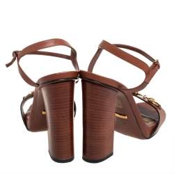 Pre Owned Gucci Brown Leather Horsebit Ankle Strap Sandals Size 38.5