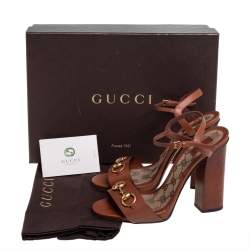 Pre Owned Gucci Brown Leather Horsebit Ankle Strap Sandals Size 38.5