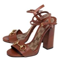 Pre Owned Gucci Brown Leather Horsebit Ankle Strap Sandals Size 38.5