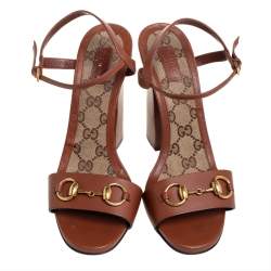 Pre Owned Gucci Brown Leather Horsebit Ankle Strap Sandals Size 38.5
