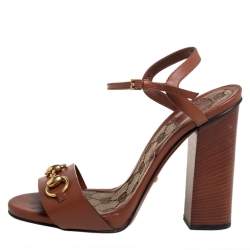 Pre Owned Gucci Brown Leather Horsebit Ankle Strap Sandals Size 38.5