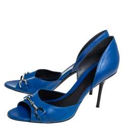 Pre Owned Gucci Blue Leather Horsebit Open Toe Pumps Size 38
