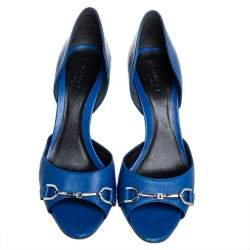 Pre Owned Gucci Blue Leather Horsebit Open Toe Pumps Size 38
