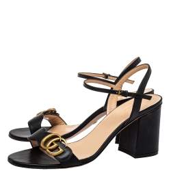 مملوكة مسبقًا Gucci Black Leather GG Marmont Block Heel Ankle Strap Sandals Size 39