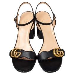 مملوكة مسبقًا Gucci Black Leather GG Marmont Block Heel Ankle Strap Sandals Size 39