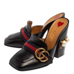 Pre Owned صندل غوتشي لوفرز جي جي جلد أسود مزخرف لؤلؤ نمط ويب مقاس 34