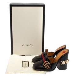 Pre Owned صندل غوتشي لوفرز جي جي جلد أسود مزخرف لؤلؤ نمط ويب مقاس 34