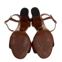 Pre Owned Gucci Brown Leather Web Detail Horsebit Ankle Strap Sandals Size 36