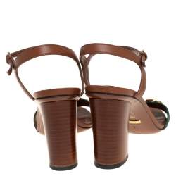 Pre Owned Gucci Brown Leather Web Detail Horsebit Ankle Strap Sandals Size 36