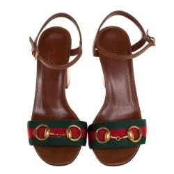 Pre Owned Gucci Brown Leather Web Detail Horsebit Ankle Strap Sandals Size 36