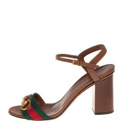 Pre Owned Gucci Brown Leather Web Detail Horsebit Ankle Strap Sandals Size 36