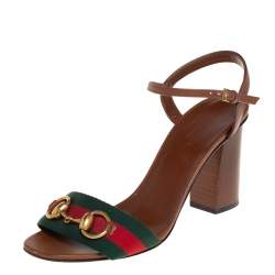 Pre Owned Gucci Brown Leather Web Detail Horsebit Ankle Strap Sandals Size 36