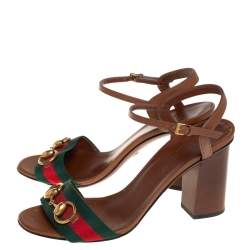 Pre Owned Gucci Brown Leather Web Detail Horsebit Ankle Strap Sandals Size 36