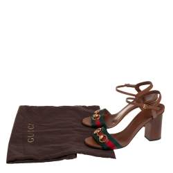 Pre Owned Gucci Brown Leather Web Detail Horsebit Ankle Strap Sandals Size 36
