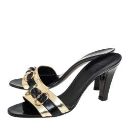 Pre Owned Gucci Black Patent Leather Horsebit Bamboo Slide Sandals  Size 40.5 