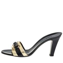 Pre Owned Gucci Black Patent Leather Horsebit Bamboo Slide Sandals  Size 40.5 