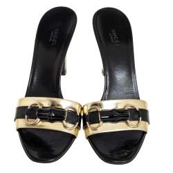 Pre Owned Gucci Black Patent Leather Horsebit Bamboo Slide Sandals  Size 40.5 