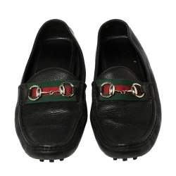 Pre Owned Gucci Black Leather Web Horsebit Loafers Size 38