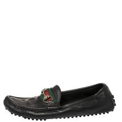 Pre Owned Gucci Black Leather Web Horsebit Loafers Size 38