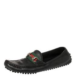 Pre Owned Gucci Black Leather Web Horsebit Loafers Size 38