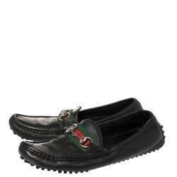 Pre Owned Gucci Black Leather Web Horsebit Loafers Size 38