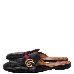 Pre Owned Gucci Black Leather Peyton Square Toe Mules Size 39.5