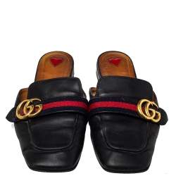 Pre Owned Gucci Black Leather Peyton Square Toe Mules Size 39.5