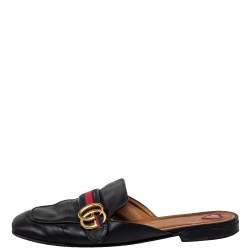 Pre Owned Gucci Black Leather Peyton Square Toe Mules Size 39.5