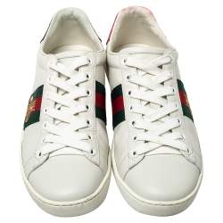 مملوكة مسبقًا Gucci White Leather Ace Web Low Top Sneakers Size 37.5