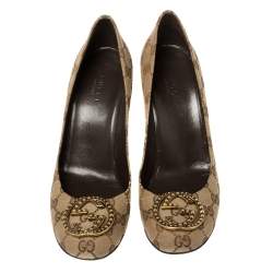 Pre Owned حذاء كعب عالي غوتشي كانفاس جي جي بيج مزين بالشعار كعب مربع سميك مقاس 39