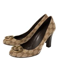 Pre Owned حذاء كعب عالي غوتشي كانفاس جي جي بيج مزين بالشعار كعب مربع سميك مقاس 39