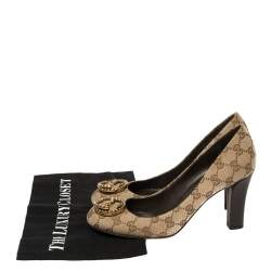 Pre Owned حذاء كعب عالي غوتشي كانفاس جي جي بيج مزين بالشعار كعب مربع سميك مقاس 39