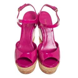 Pre Owned Gucci Pink Patent Leather Hollie Wedge Sandals Size 37.5