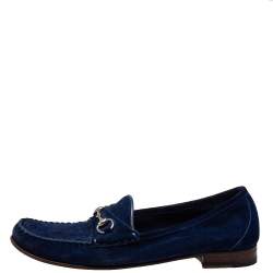 Pre Owned Gucci Blue Suede Horsebit Slip On Loafers Size 39.5