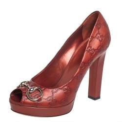 Pre Owned Gucci Brown Guccissima Leather Horsebit Peep Toe Platform Pumps Size 38.5