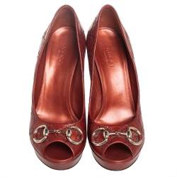 Pre Owned Gucci Brown Guccissima Leather Horsebit Peep Toe Platform Pumps Size 38.5