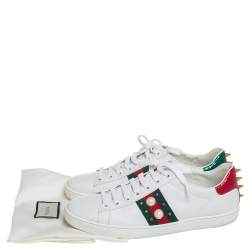 Gucci White Leather Ace Faux Pearl Embellished Studded Low Top Sneakers Size 39