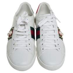 Gucci White Leather Ace Faux Pearl Embellished Studded Low Top Sneakers Size 39
