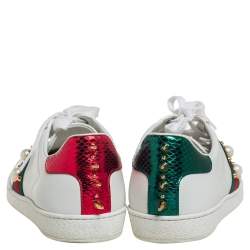 Gucci White Leather Ace Faux Pearl Embellished Studded Low Top Sneakers Size 39