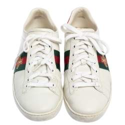 Pre Owned حذاء رياضي غوتشي إيس جلد مطرز بنحلة أ بيض برباط مقاس 38