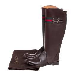 مملوكة مسبقًا Gucci Brown Leather Riding Web Detail Knee Length Boots Size 40.5