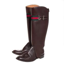 مملوكة مسبقًا Gucci Brown Leather Riding Web Detail Knee Length Boots Size 40.5