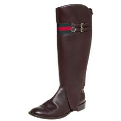 مملوكة مسبقًا Gucci Brown Leather Riding Web Detail Knee Length Boots Size 40.5