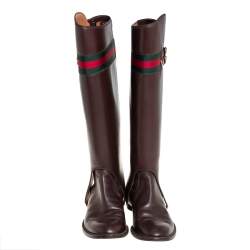 مملوكة مسبقًا Gucci Brown Leather Riding Web Detail Knee Length Boots Size 40.5