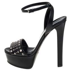 Pre Owned صندل غوتشي ليلا جلد مرصع أسود نعل سميك سير كاحل مقاس 36