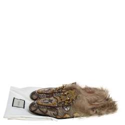 Pre Owned Gucci Brown Jacquard And Fur Princetown Mules Size 37