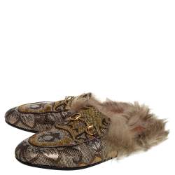 Pre Owned Gucci Brown Jacquard And Fur Princetown Mules Size 37