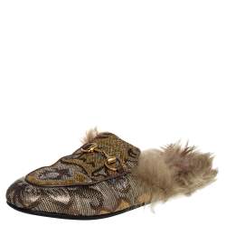 Pre Owned Gucci Brown Jacquard And Fur Princetown Mules Size 37