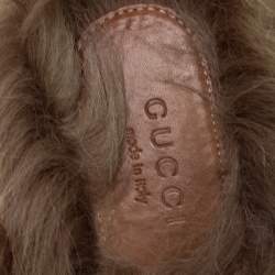 Pre Owned Gucci Brown Jacquard And Fur Princetown Mules Size 37